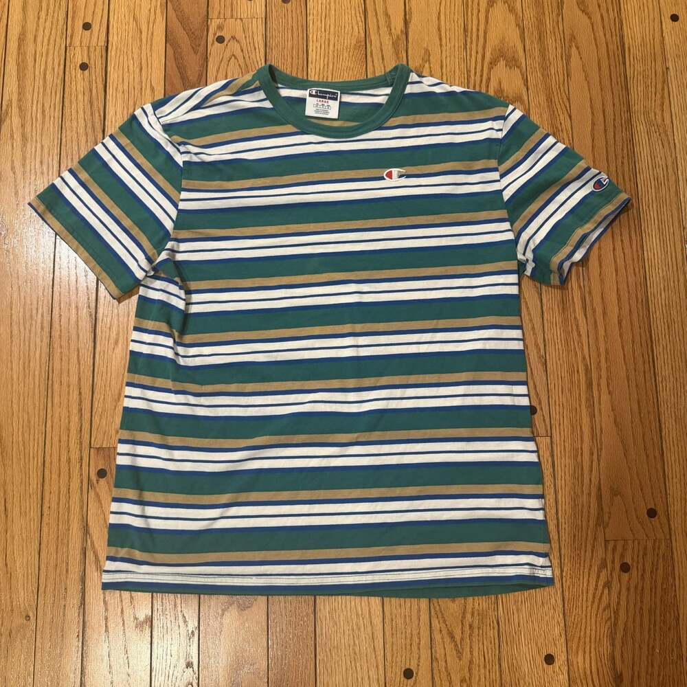 Champion Unisex Striped T-Shirt Large Green Blue Retro Preppy Logo Tee